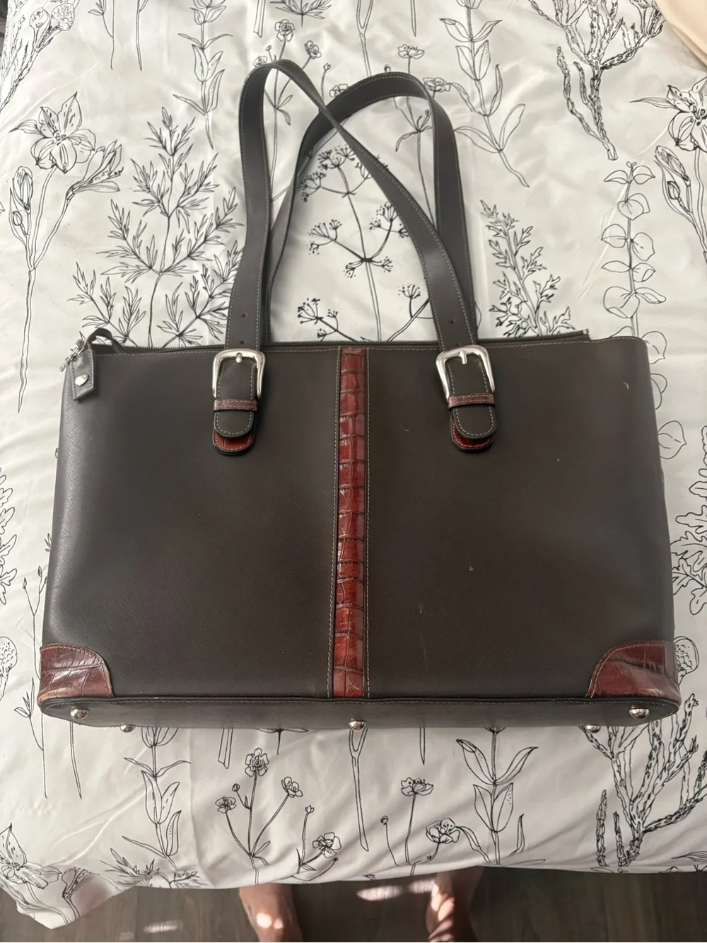Women's Dark Brown Leather Laptop Tote with Croc-Trim